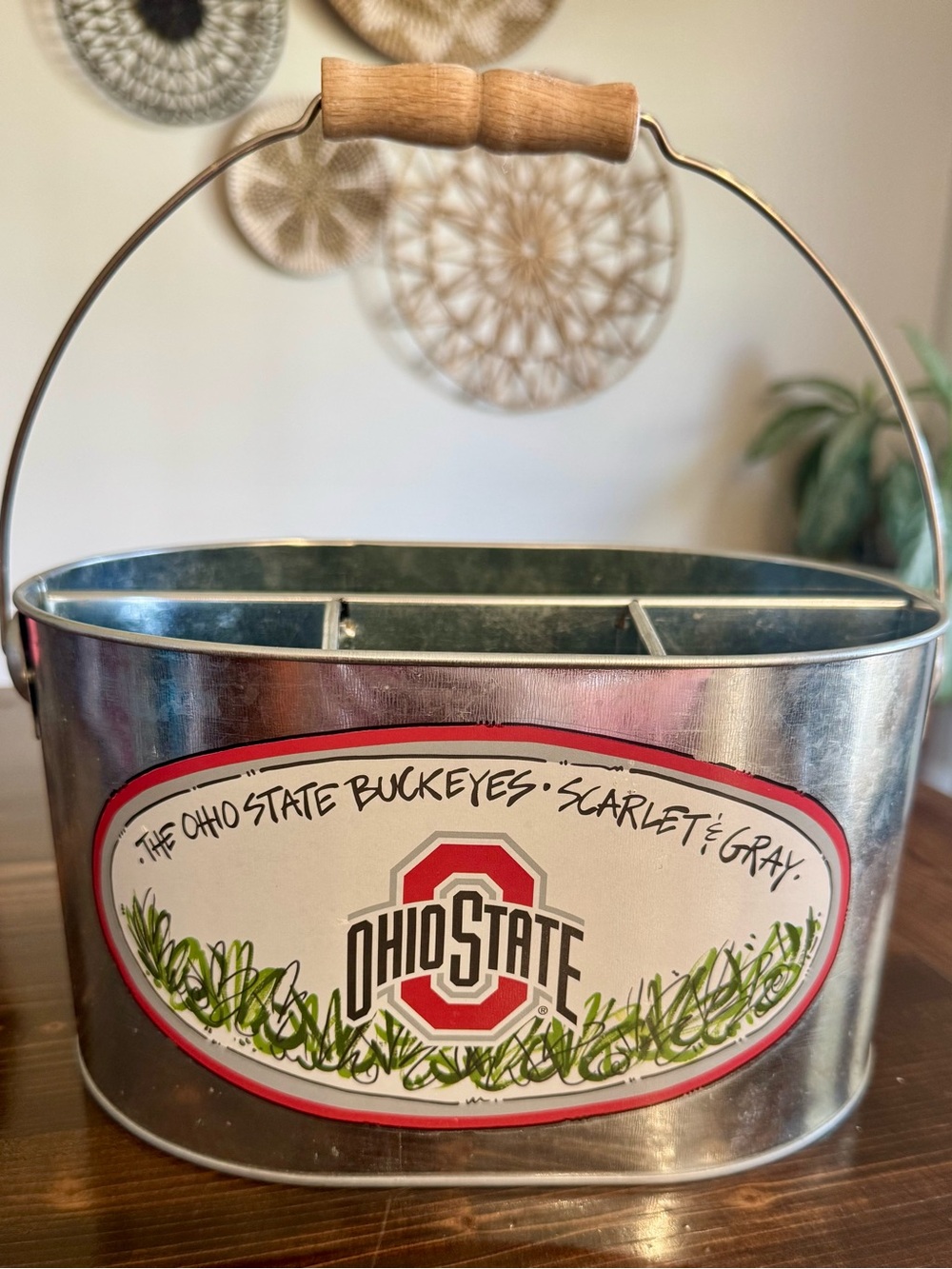 Magnolia Lane Ohio State Galvanized Utensil Caddy with Wooden Handle